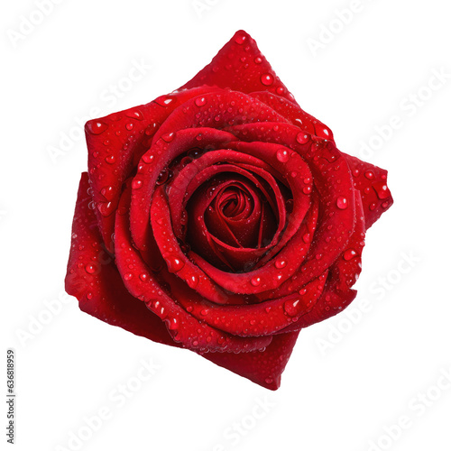 Red rose with water droplets on it, isolated on white background, aerial view