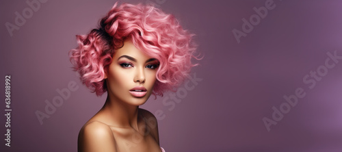 Beautiful stylish young woman with short pink curly hair on pink trendy background Generative AI. © Lana_M