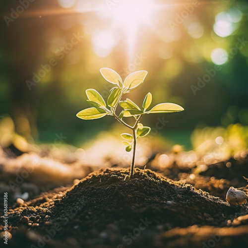 Small tree growing with sunshine in garden