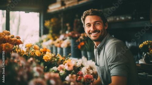 Young man working at a flower shop photo