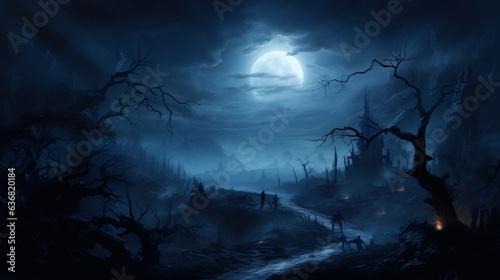 Moonlit Enchantment, A surreal landscape of twisted trees under a full moon