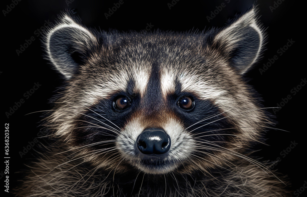 Eye to eye with a raccoon. Cute face of a calm and peaceful animal