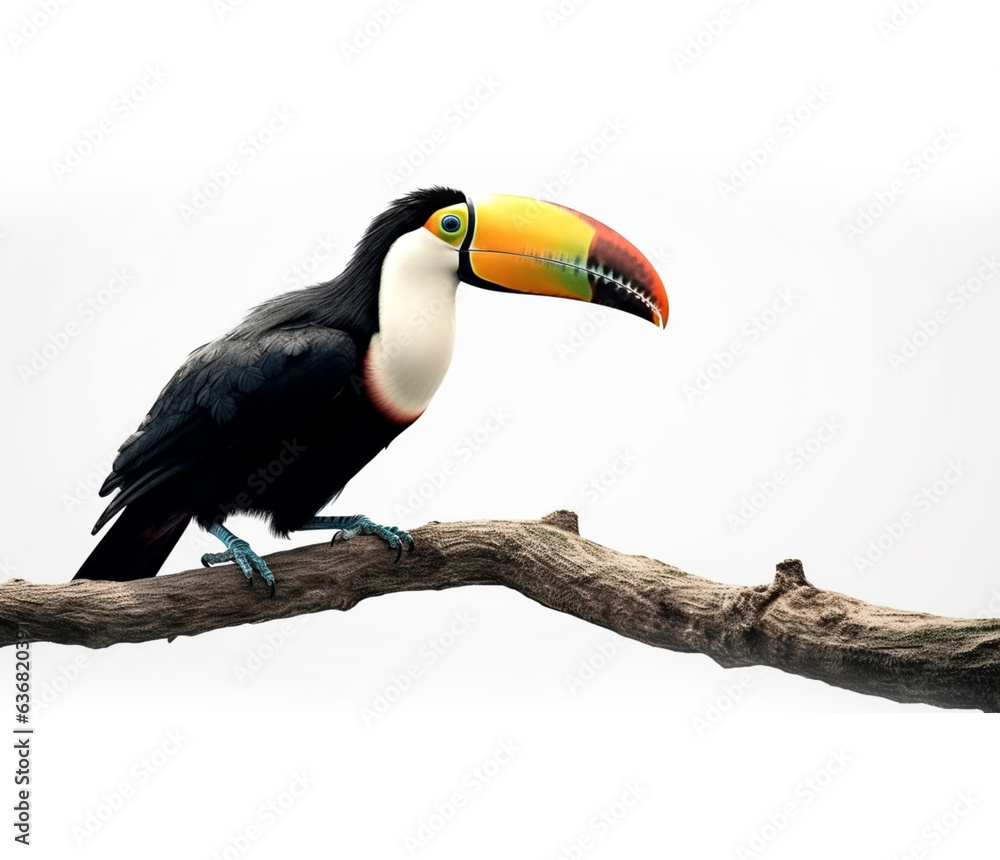 Toucan Ramphastos toco sitting on tree branch isolated on white background Toucan Ramphastos toco sitting on tree branch isolated on white background
