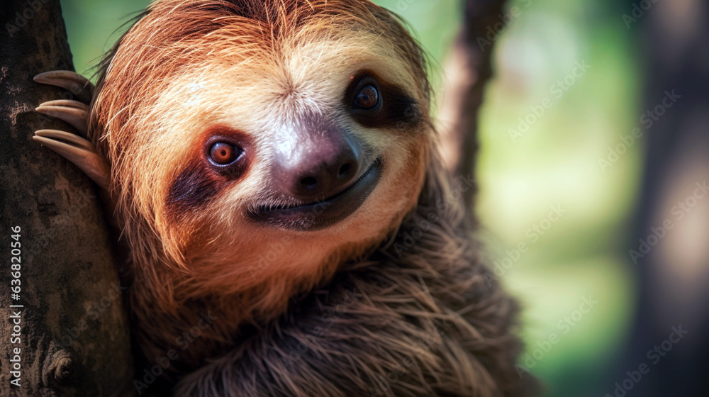 Naklejka premium Sloth sitting in a tree smiling. Happy sloth hanging on the tree