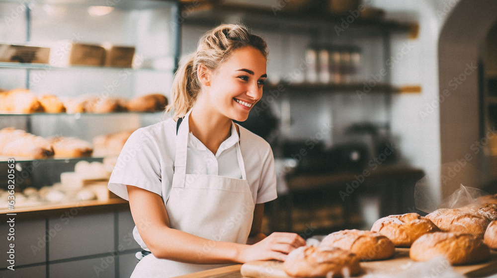 White woman working at a bakery shop
