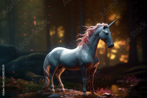Mythical white Unicorn posing in an enchanted forest. A unicorn canters through