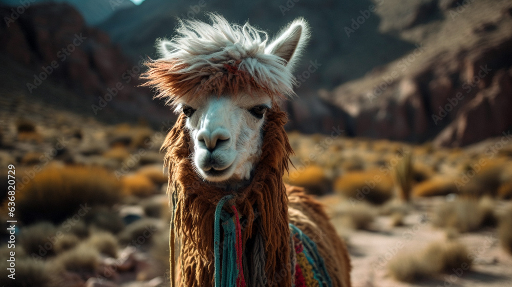 Fototapeta premium A Llama (Lama glama) at the Andes Mountains. Funny brown smiling alpaca. beautiful handsome alpaca