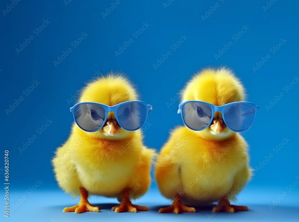Easter decoration of a yellow chick wearing silly sunglasses. cute chick
