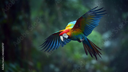 flying macaw beautiful bird. Macaw parrot flying in dark green vegetation. Scarlet Macaw in tropical