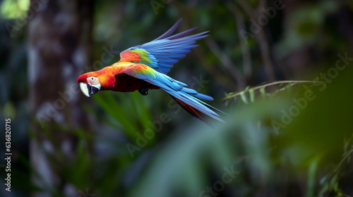 flying macaw beautiful bird. Macaw parrot flying in dark green vegetation. Scarlet Macaw in tropical