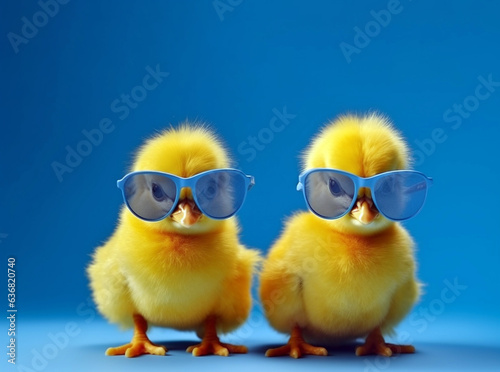 Easter decoration of a yellow chick wearing silly sunglasses. cute chick