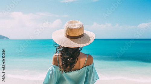 Woman wearing a straw hat stands on the beach © Ricardo Costa