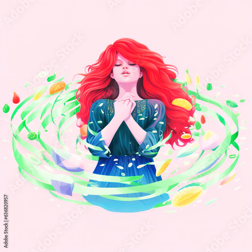 A girl surrounded by streamers of flowers,Dream of the Flower Sea,Colourful assortment of floral plants or decorations