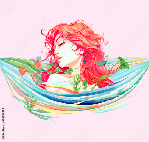 A girl surrounded by streamers of flowers,Dream of the Flower Sea,Colourful assortment of floral plants or decorations