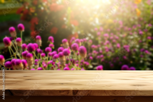 Empty wooden table with Gomphrena globosa background at sunrise for product presentation  space for montage showing products