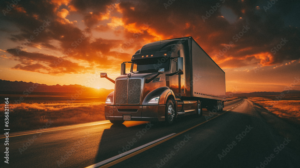Truck driving down a highway at sunset