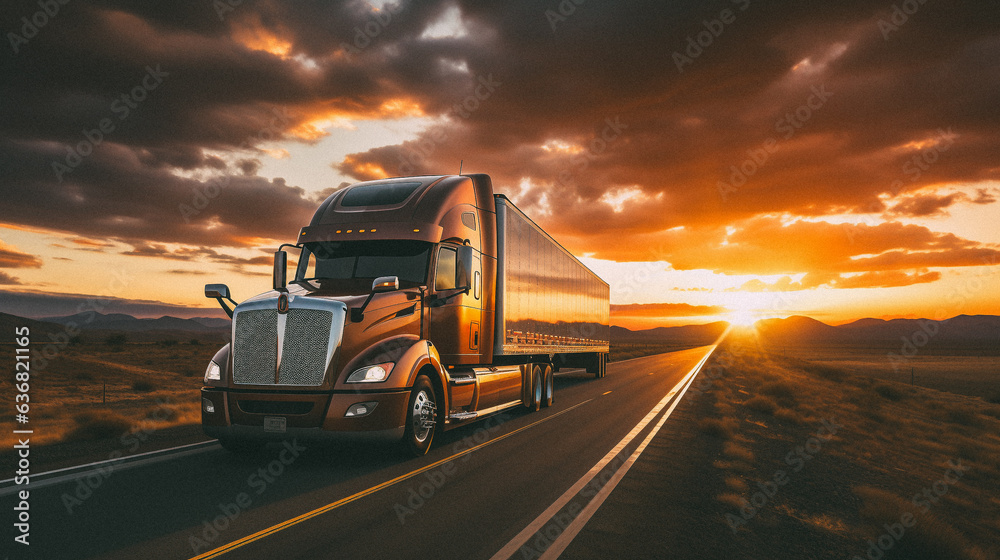 Truck driving down a highway at sunset Truck driving down a highway at sunset