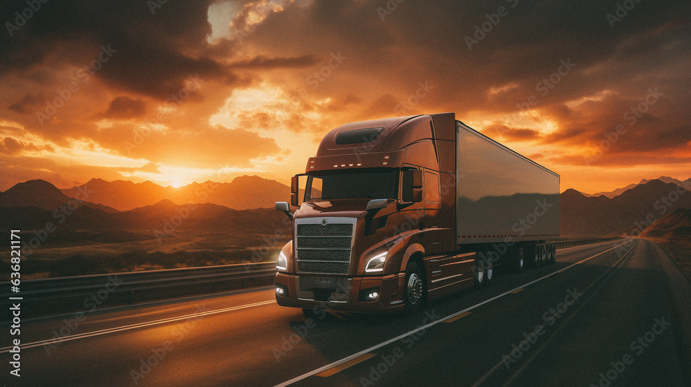 Truck driving down a highway at sunset