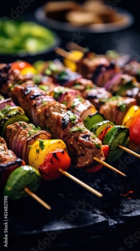 Skewers of meat and vegetables on a grill, created by Generative AI
