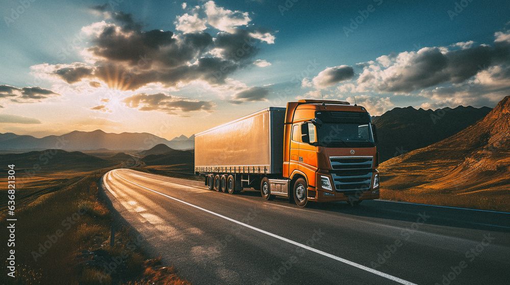 Truck driving down a highway at sunny day