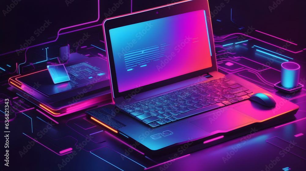 Futuristic illustration about computer technology with a laptop in neon colors. For cover backgrounds, wallpapers and other modern projects. Futuristic illustration about computer technology with a laptop in neon colors. For cover backgrounds, wallpapers and other modern projects.
