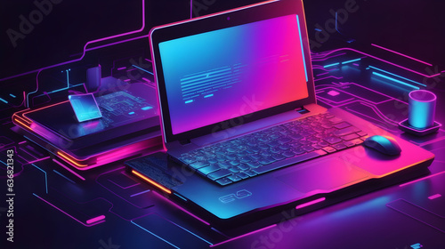 Futuristic illustration about computer technology with a laptop in neon colors. For cover backgrounds, wallpapers and other modern projects.