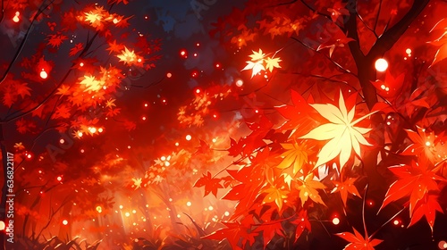 紅葉のライトアップのイラスト、夜に照明で照らされたカエデの木