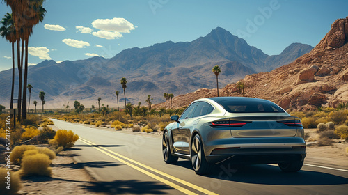In the desert, an electric vehicle travels over an asphalt road..