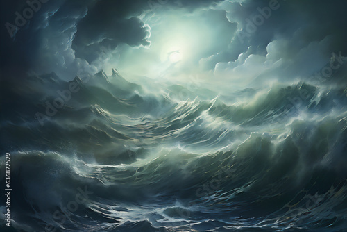 high sea with giant dramatic storm in close up and detailed, mandala art style, hyper realistic, dramatic light and shadows, create using generative AI tool