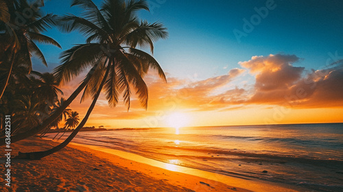 Tropical beach and palm trees, The Maldives, Indian Ocean, at sunset