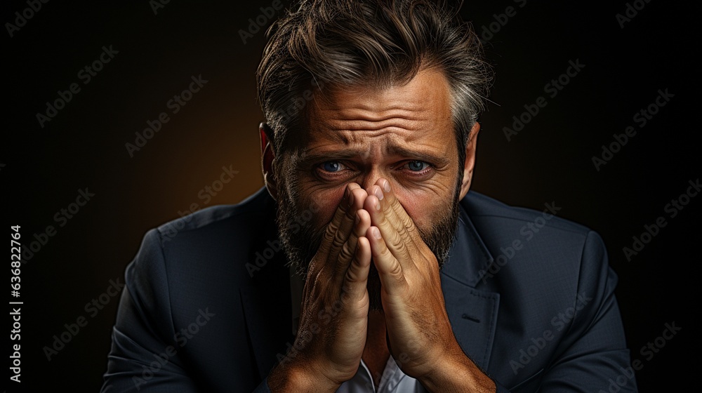 a grey backgrounded portrait of a businessman wearing spectacles and scratching his eyes,. a grey backgrounded portrait of a businessman wearing spectacles and scratching his eyes,.