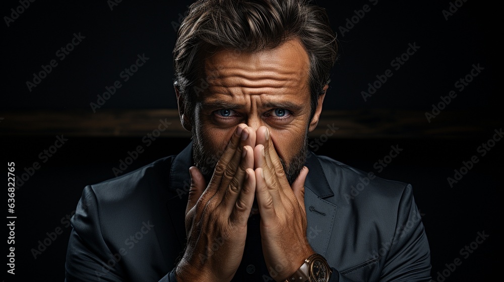 a grey backgrounded portrait of a businessman wearing spectacles and scratching his eyes,. a grey backgrounded portrait of a businessman wearing spectacles and scratching his eyes,.