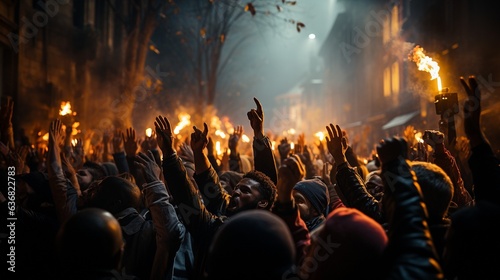 raised fists in the midst of the rioting mob.