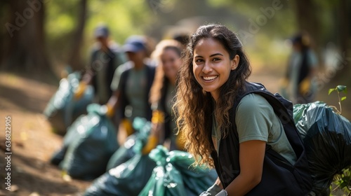 A group of youthful and diverse volunteer workers enjoys doing outdoor philanthropic work for a rubbish separation and cleanup project..