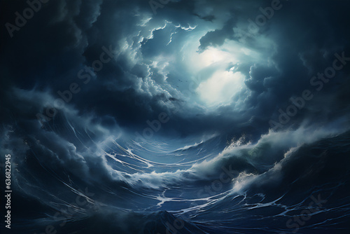 high sea with giant dramatic storm in close up and detailed, mandala art style, hyper realistic, dramatic light and shadows, create using generative AI tool