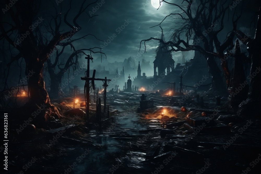 Eerie Cemetery Under a Moonlit Night, Spooky Halloween Scene