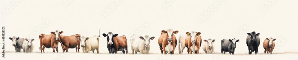 A Minimal Watercolor Banner of a Row of Cows on a White Background A Minimal Watercolor Banner of a Row of Cows on a White Background