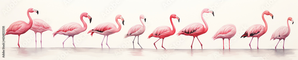 Obraz premium A Minimal Watercolor Banner of a Row of Flamingos on a White Background