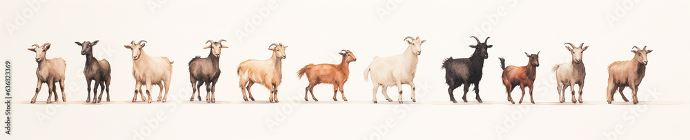 A Minimal Watercolor Banner of a Row of Goats on a White Background A Minimal Watercolor Banner of a Row of Goats on a White Background