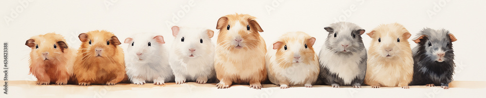 A Minimal Watercolor Banner of a Row of Guinea Pigs on a White Background A Minimal Watercolor Banner of a Row of Guinea Pigs on a White Background