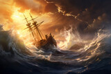 high sea with giant dramatic wave in the storm, a huge pirate sailing ship sailed above it, hyper realistic, dramatic light and shadows, sunset behind the storm clouds, create using generative AI tool