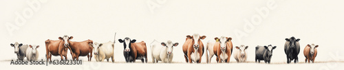 A Minimal Watercolor Banner of a Row of Cows on a White Background