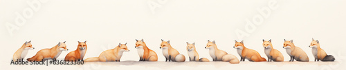 A Minimal Watercolor Banner of a Row of Foxes on a White Background
