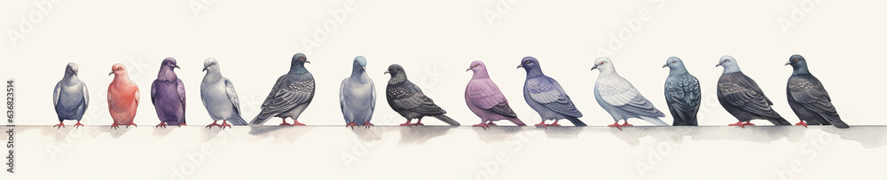 Fototapeta premium A Minimal Watercolor Banner of a Row of Pigeons on a White Background