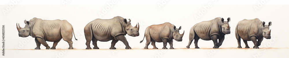 A Minimal Watercolor Banner of a Row of Rhinos on a White Background A Minimal Watercolor Banner of a Row of Rhinos on a White Background