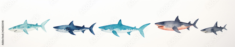 Fototapeta premium A Minimal Watercolor Banner of a Row of Sharks on a White Background