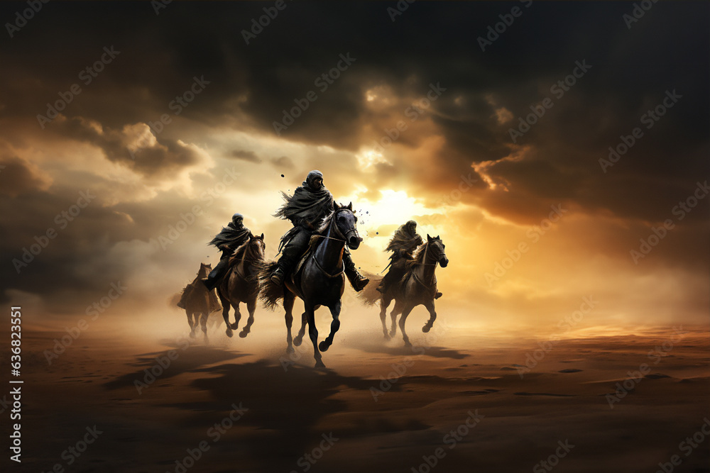 an Arabian warrior with sword raised up on flying jump horse in the ...