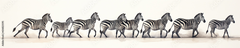 Fototapeta premium A Minimal Watercolor Banner of a Row of Zebras on a White Background