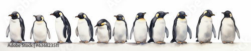 A Minimal Watercolor Banner of a Row of Penguins on a White Background