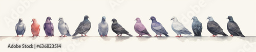 A Minimal Watercolor Banner of a Row of Pigeons on a White Background